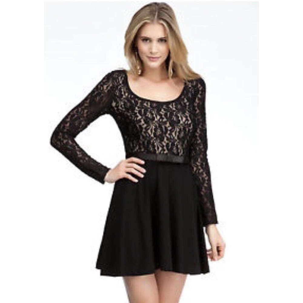 Bebe | Womens Black Mini Floral Lace Long Sleeve Fit & Flare Party Dress Size XS